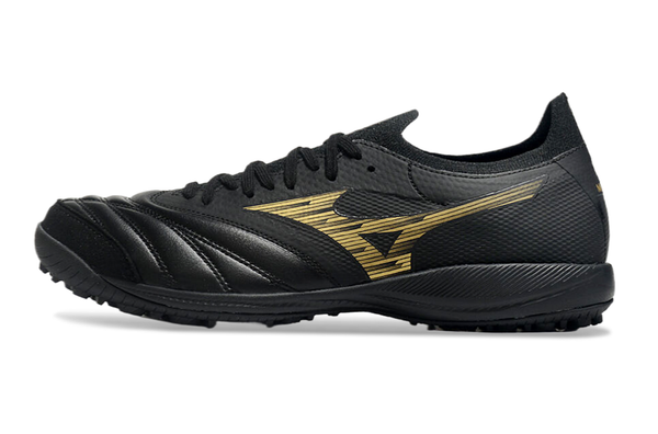 Chuteira Society Mizuno Morelia Neo Sala Tf Preta e Dourada Aurum Pack