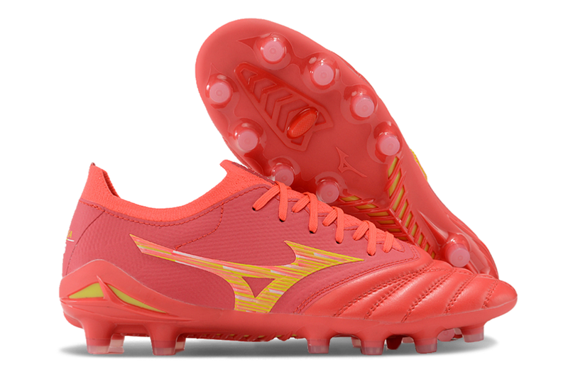 Chuteira Campo Mizuno Morelia Neo 4 Beta Fg Vermelha e Dourada Release Pack