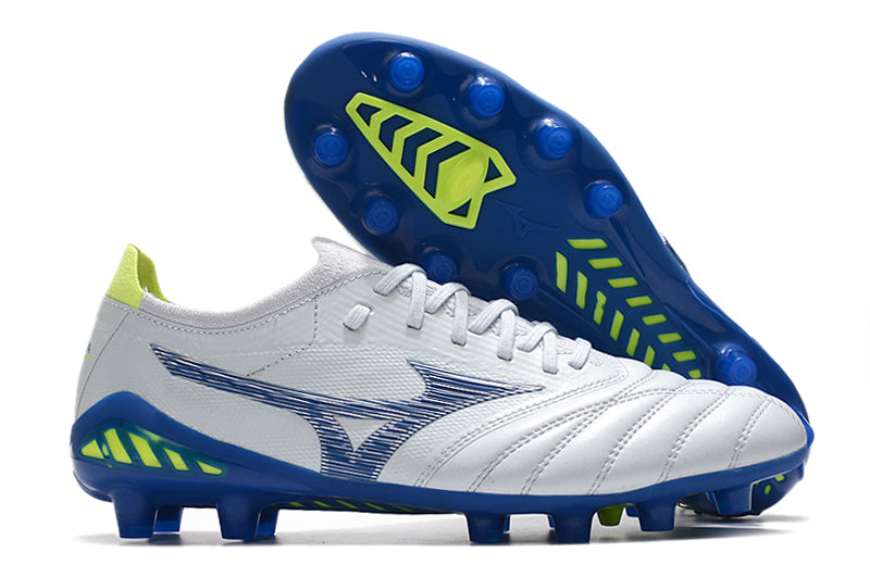 Chuteira Campo Mizuno Morelia Neo 3 Fg Branca e  Azul
