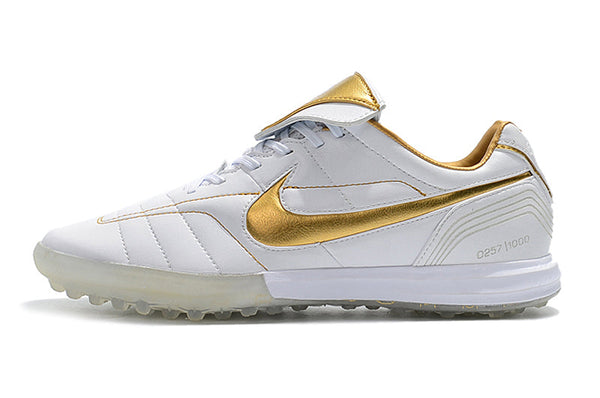 Chuteira Futsal Nike Retrô Tiempo Legend 7 Elite Tf Branca e Dourado - R10