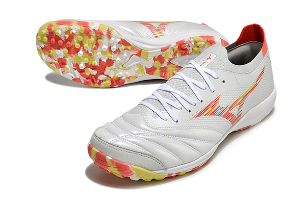 Chuteira Society Mizuno Morelia Neo Sala Tf Branca Vermelha e Amarela