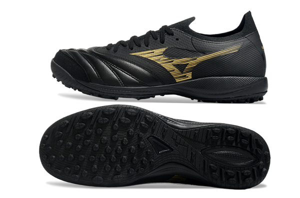 Chuteira Society Mizuno Morelia Neo Sala Tf Preta e Dourada Aurum Pack