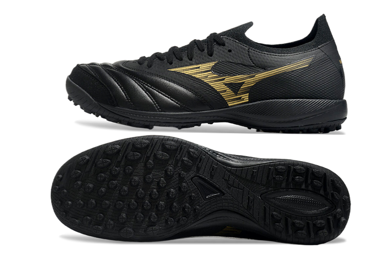 Chuteira Society Mizuno Morelia Neo Sala Tf Preta e Dourada Aurum Pack