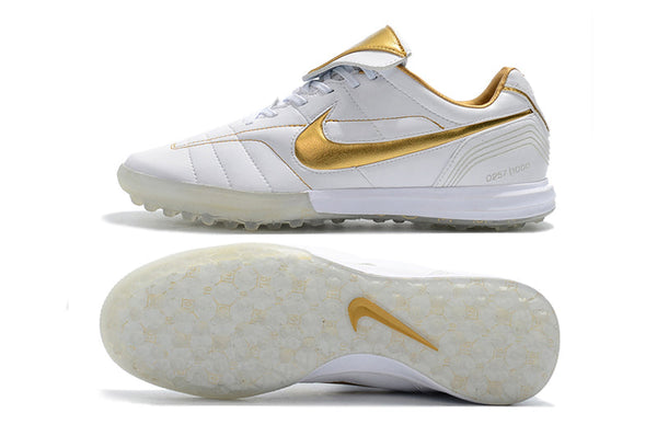 Chuteira Futsal Nike Retrô Tiempo Legend 7 Elite Tf Branca e Dourado - R10