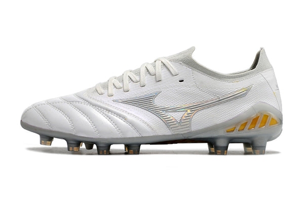 Chuteira Campo Mizuno Morelia Neo 3 Fg Branca e Prata