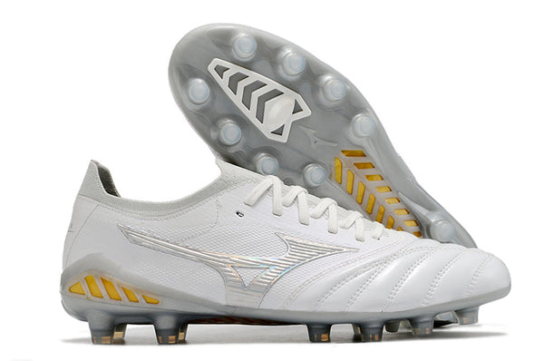 Chuteira Campo Mizuno Morelia Neo 3 Fg Branca e Prata