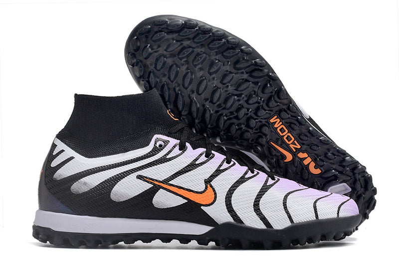 Chuteira Society Nike Air Zoom Mercurial Superfly 9 Elite Tf Branca Roxa e - Preta