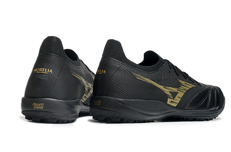 Chuteira Society Mizuno Morelia Neo Sala Tf Preta e Dourada Aurum Pack