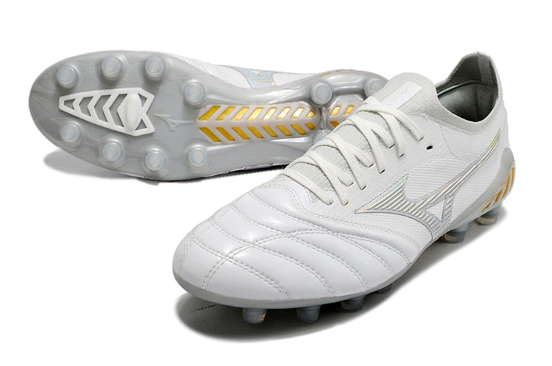 Chuteira Campo Mizuno Morelia Neo 3 Fg Branca e Prata